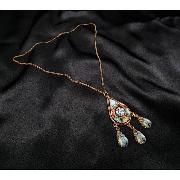 Vintage 1920s-1940s Gold-Tone Millefiori Mosaic Pendant Necklace With Teardrop C - Picture 4 of 7